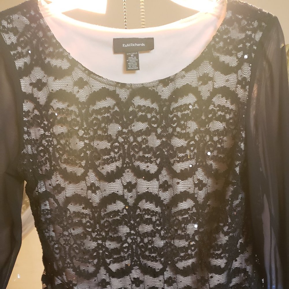 R&M Richards Women's black & tan lace Cocktail dress with sheer sleeves Size 12